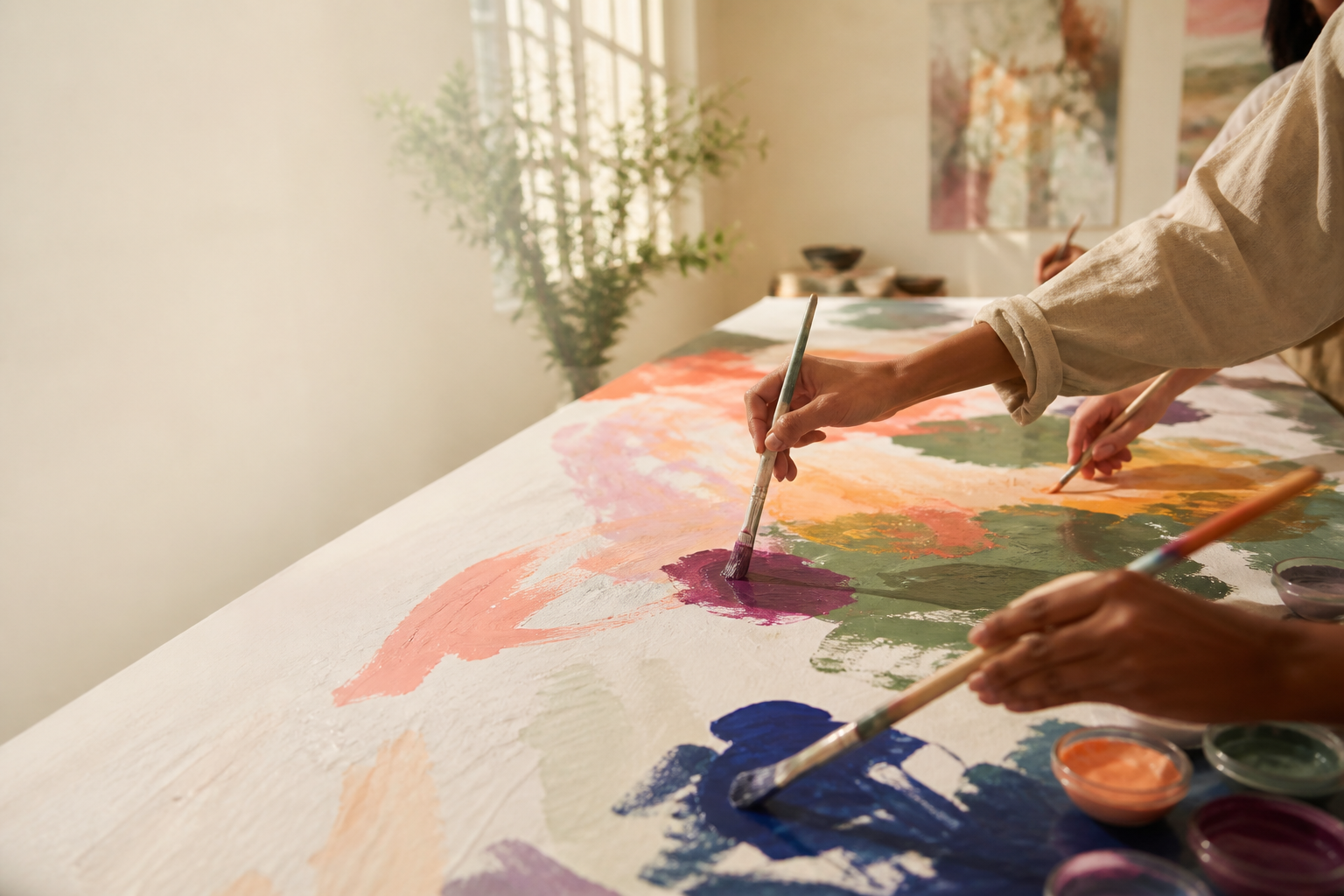 Adults using paint together during a facilitated creative arts session